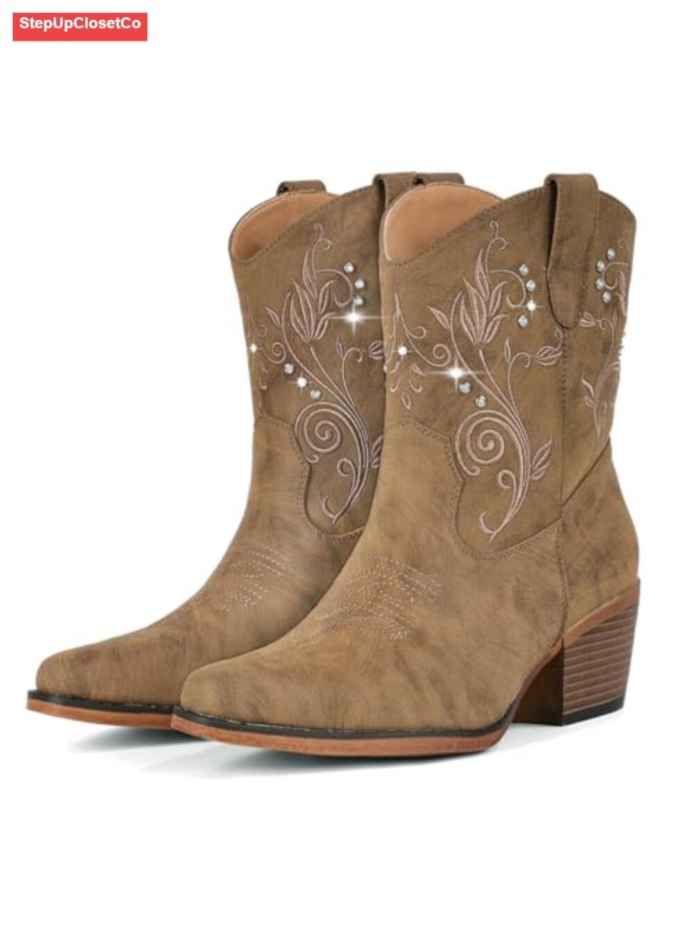 Western Ankle Cowboy Boots with Rhinestone Embroidered Faux Leather